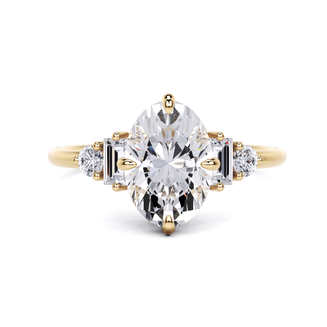 2.5 carat oval side stone lab grown diamond engagement ring in yellow gold