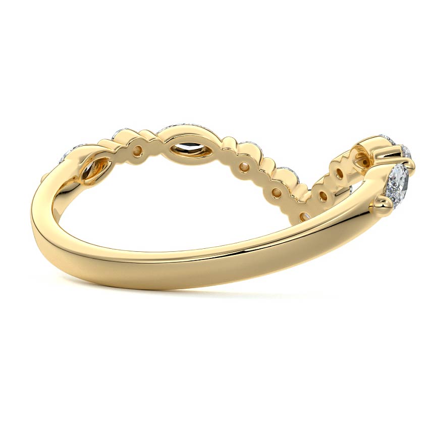 Curved wedding band with 0.40 ct F+ VS+ round and marquise diamonds in solid 18K yellow gold